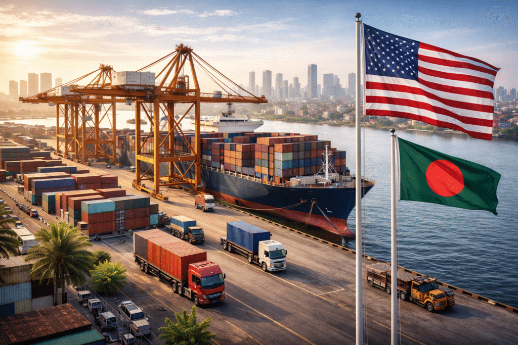 Cargo ship and containers at a Bangladesh port with United States and Bangladesh flags representing international trade.