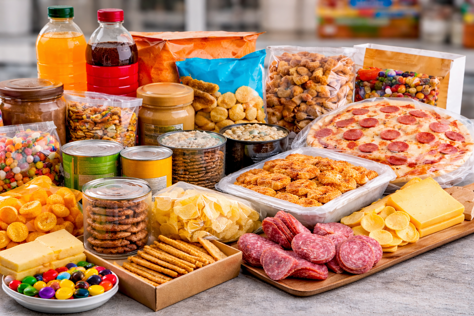 Assortment of processed and packaged foods including snacks, canned goods, frozen meals, and prepared foods displayed together