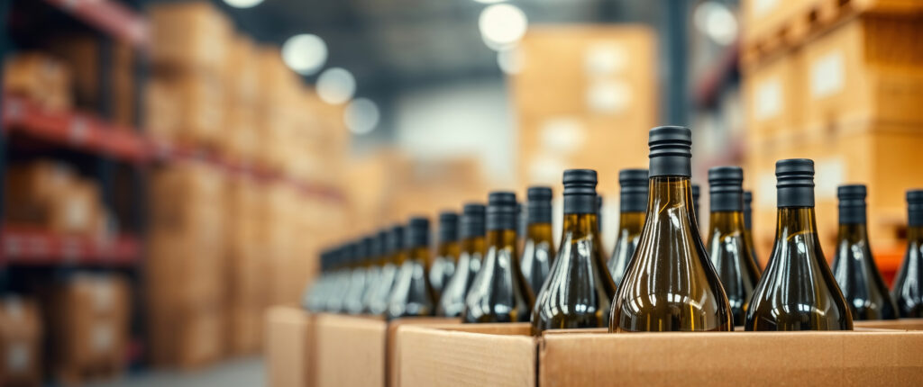 Wine bottles standing in cardboard boxes in warehouse