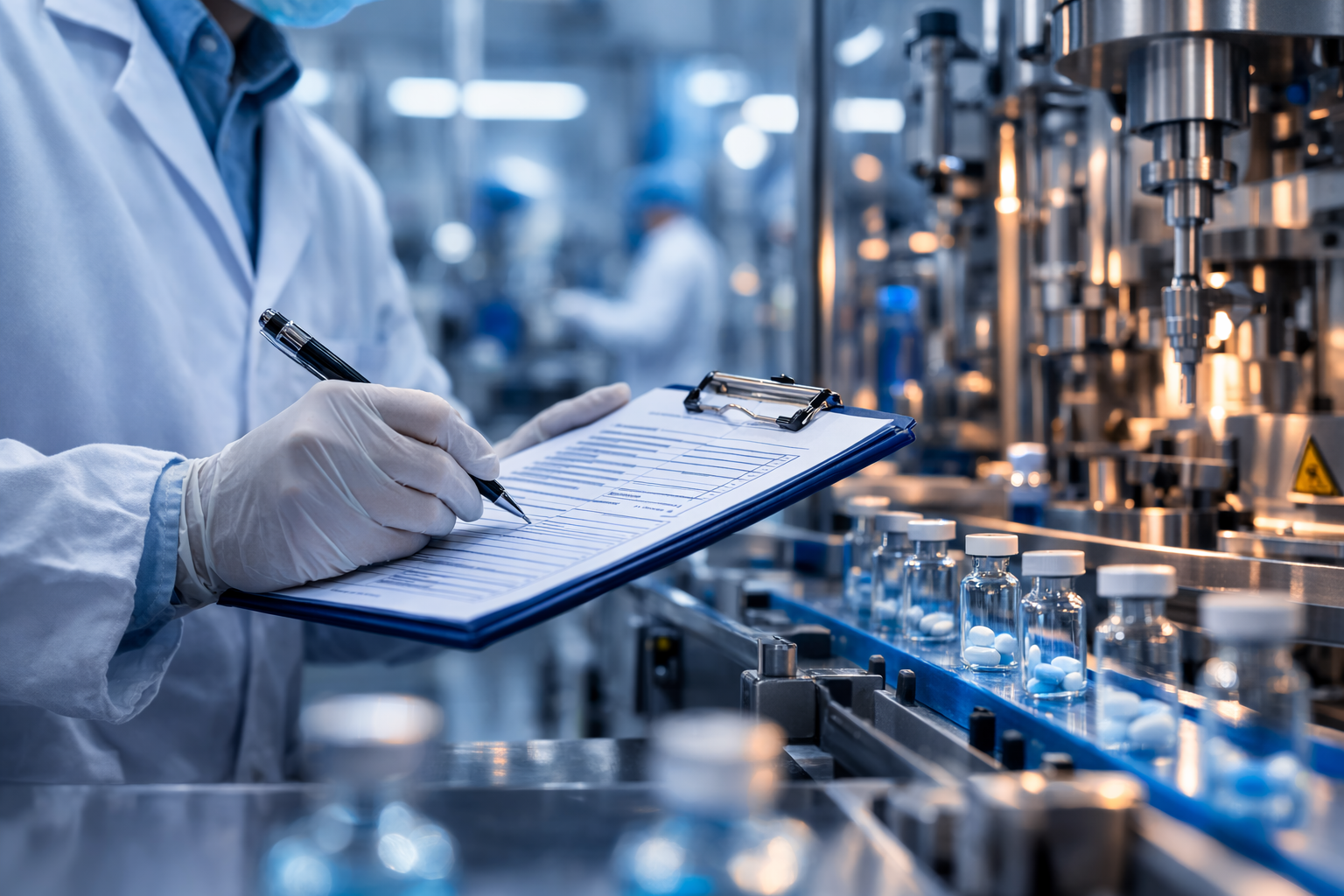 FDA inspector reviewing pharmaceutical manufacturing records during a drug CGMP inspection related to Form 483 observations