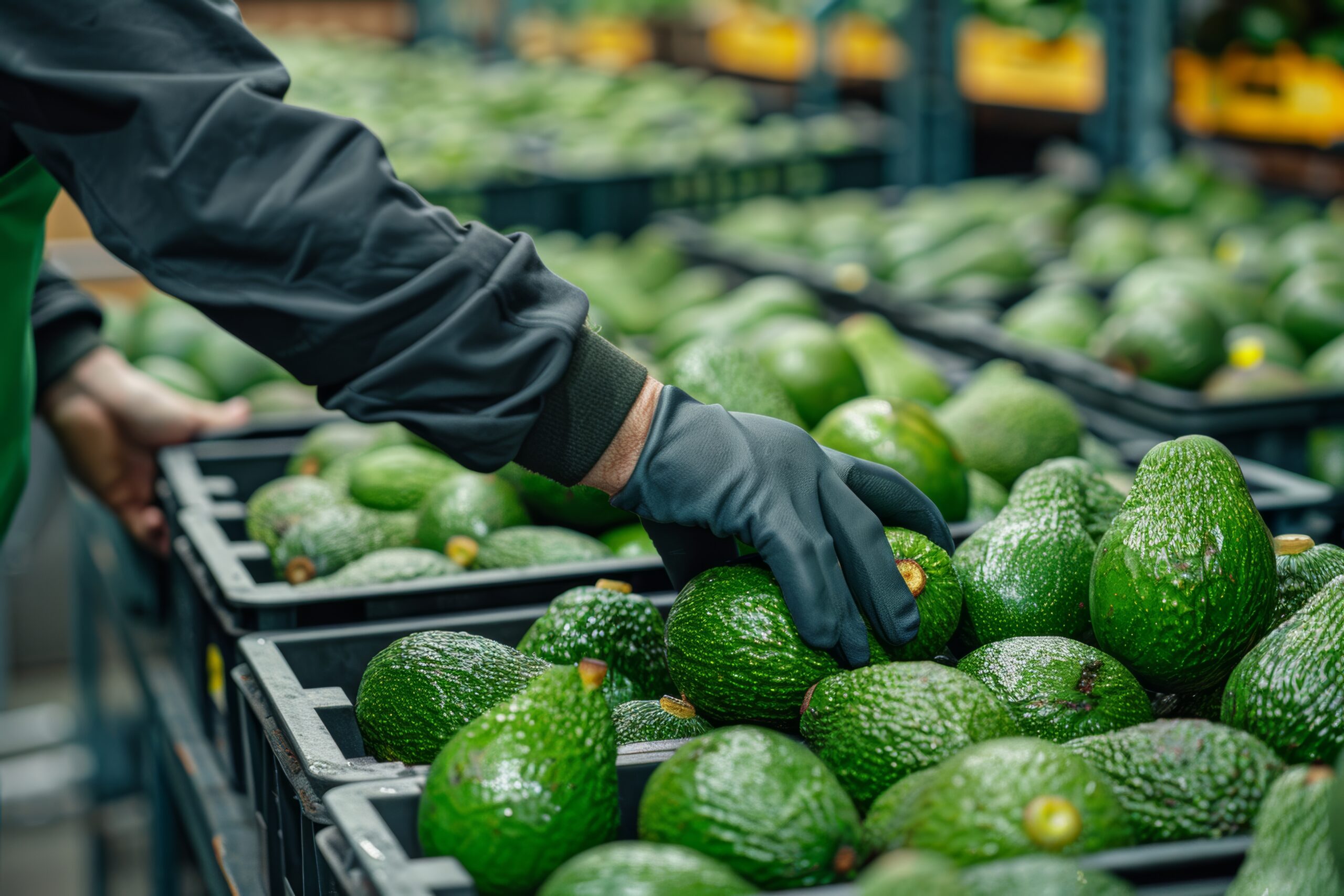 Fresh avocados harvested and sorted at packing facility illustrating USDA maturity requirements for imported avocados