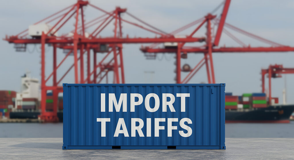 Shipping container labeled Import Tariffs in a bustling industrial port with cranes