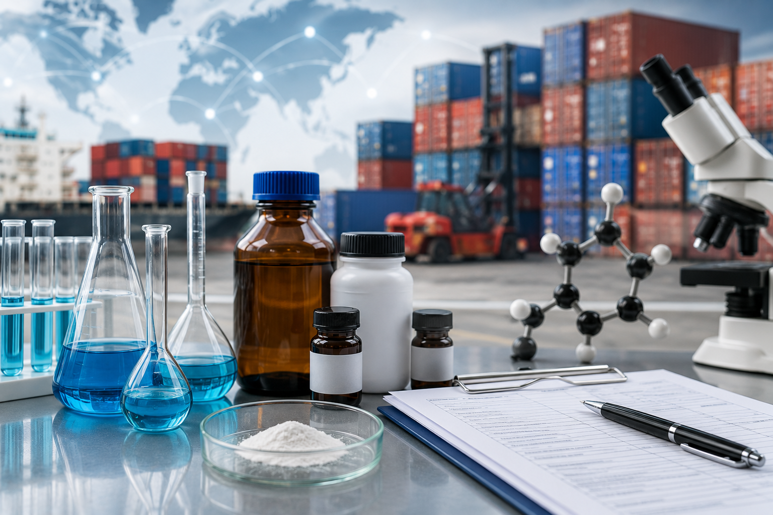 Laboratory technician reviewing chemical samples and compliance documents in a modern pharmaceutical testing facility with shipping containers and global trade elements in the background