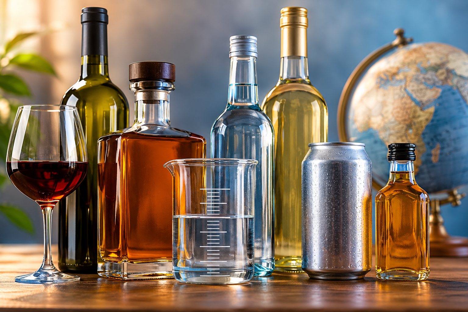Wine and distilled spirits bottles displayed beside metric conversion and measurement tools representing updated TTB container size and gallon conversion guidance for beverage alcohol importers.