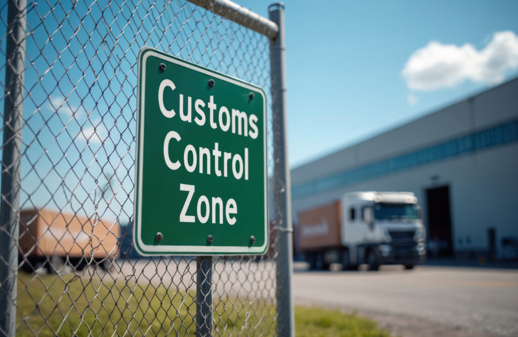 Green sign Customs Control Zone on metal fence. Truck drives near large warehouse building under blue sky. Facility handles cargo import export, border control, trade goods inspection. Logistics